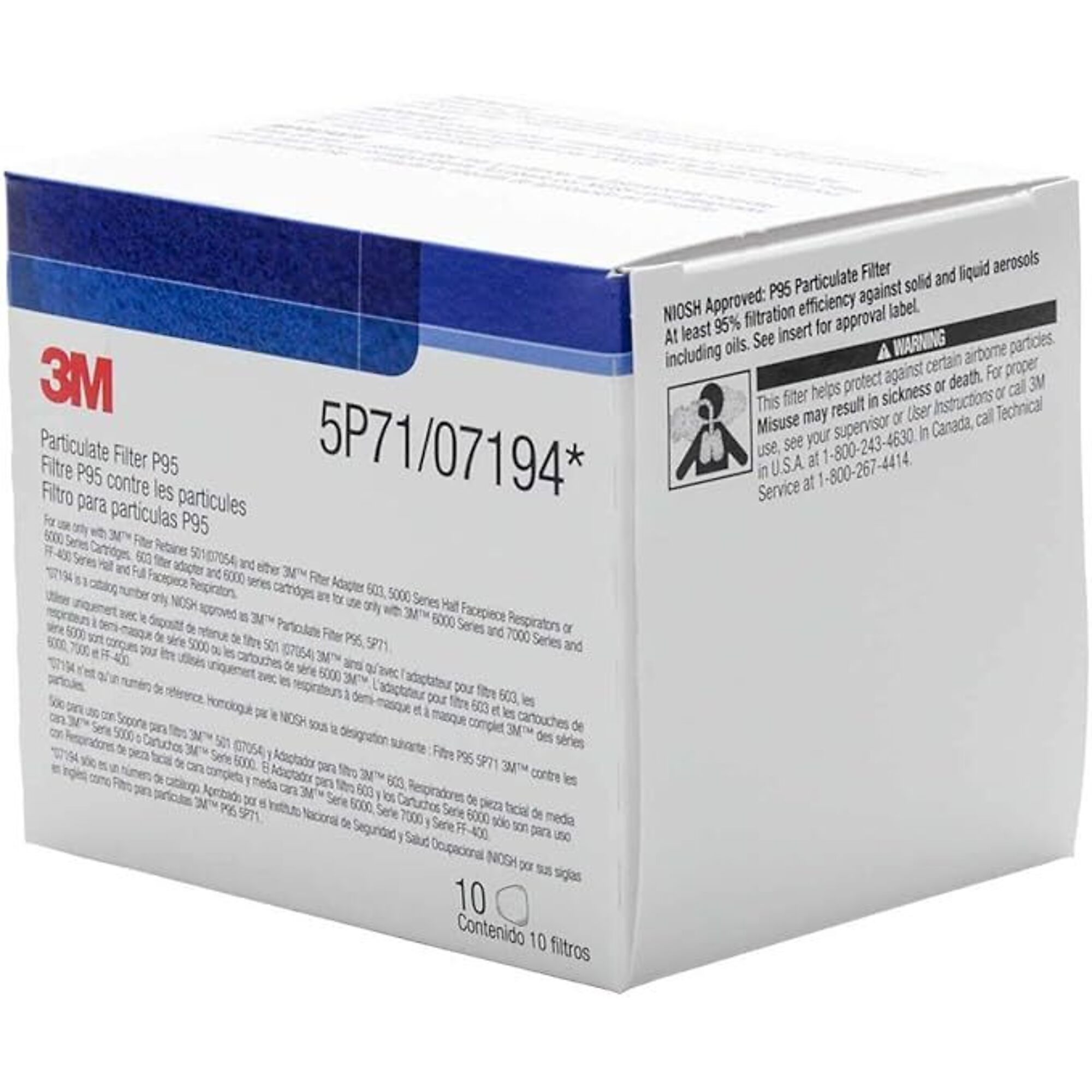 3M P95 Filters — 10 Pk., NIOSH Approved, Compatible with 5000 & 6000 Series Respirators, Model# MMM7194
